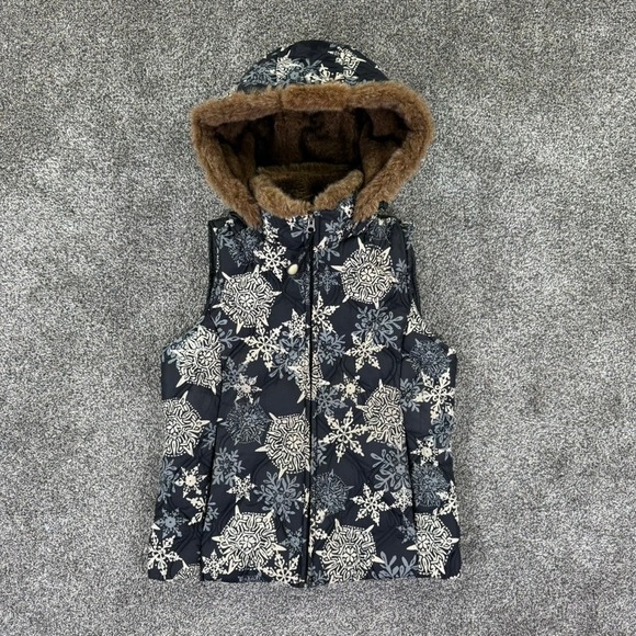Eddie Bauer Jackets & Blazers - Eddie Bauer Down Puffer Vest Womens Small Navy Snowflake Print Faux Fur Hood